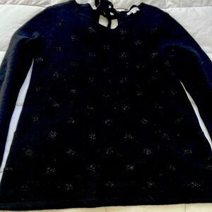 Black Wool sweater with ribbon tie closure in back and shiny festive sequence